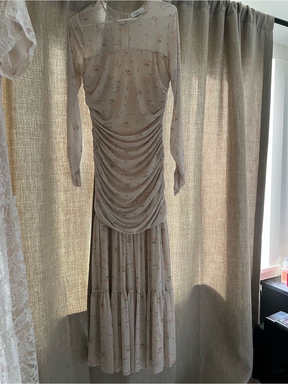 Long Sleeve Ruched Floral Maxi Dress in Light Beige